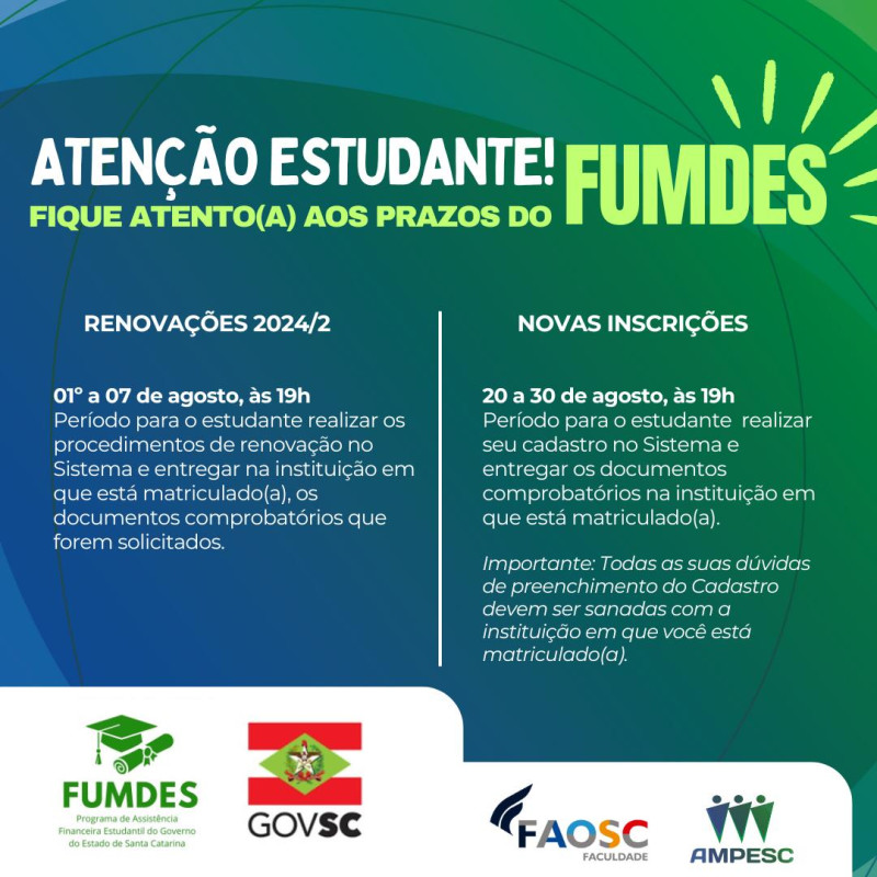 ATENÇÃO ESTUDANTE! FIQUE ATENTO (A) AOS PRAZOS DO FUMDES
